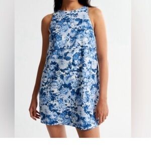 A&F Woman’s Blue Flower Print Sleeveless Shift Linen Blend Dress - Medium Tall